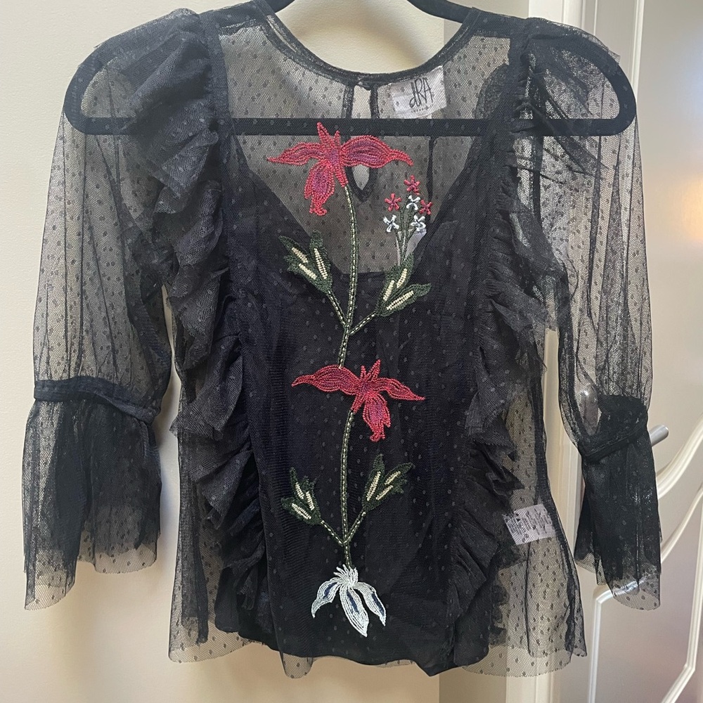 Elegant Black Sheer Blouse with Red Floral Embroidery